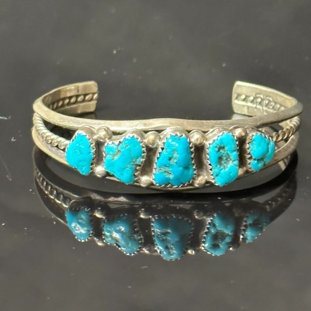 Native American Indian Sterling Silver Genuine Sleeping Beauty Turquoise Cuff - Picture 5 of 9